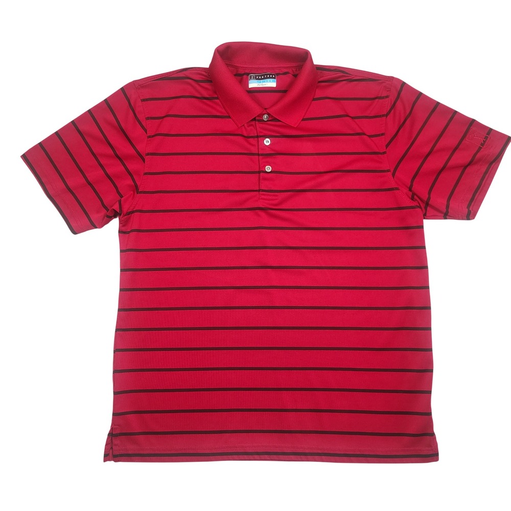 PGA Tour Polo Shirt Mens Large Red Airflux Striped Performance Polyester